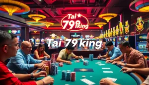 Tai 79king highlights an exhilarating poker game atmosphere with players and vibrant casino details.